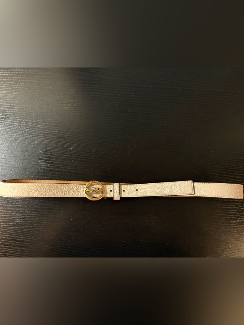 COACH Chalk White Pebble Leather Horse and Carriage Plaque Buckle Belt L F78181